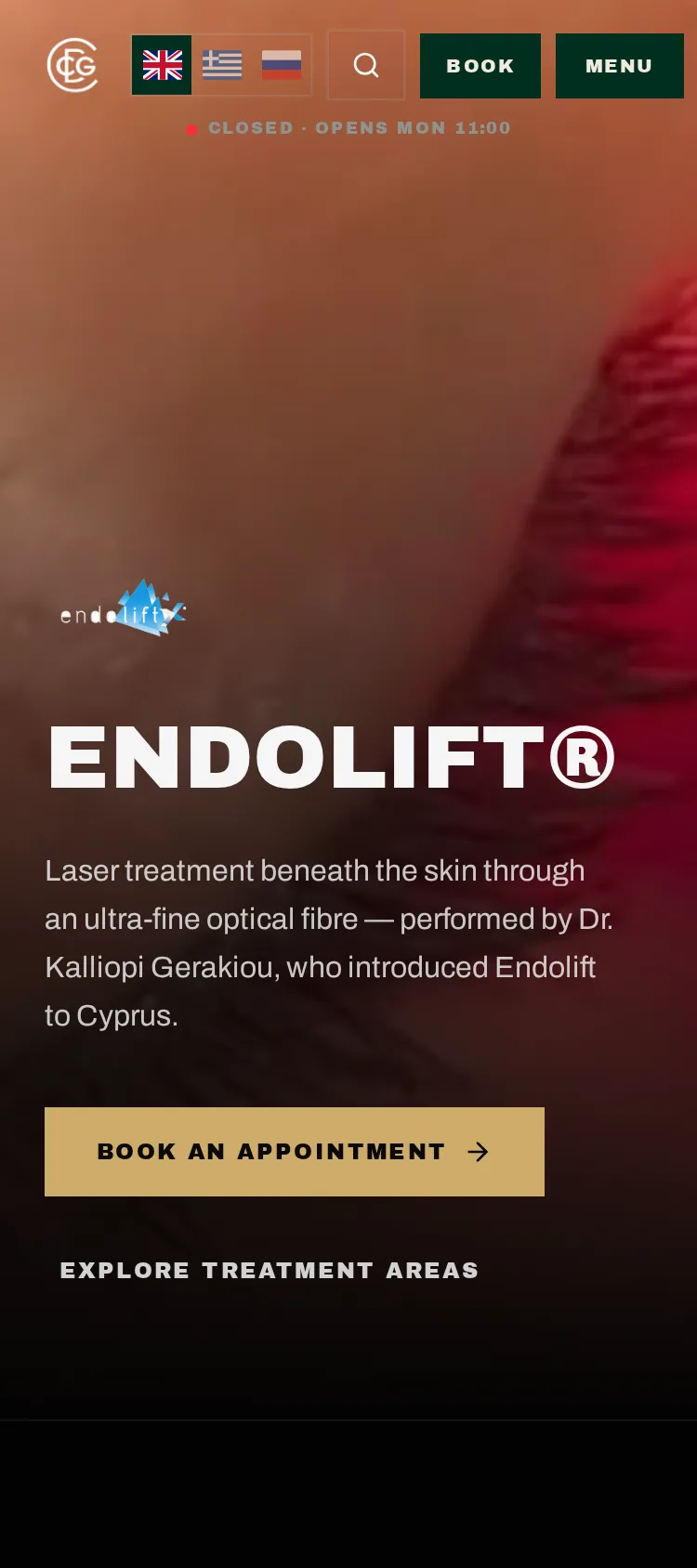 Η σελίδα Endolift της DCG Clinic σε κινητό τηλέφωνο